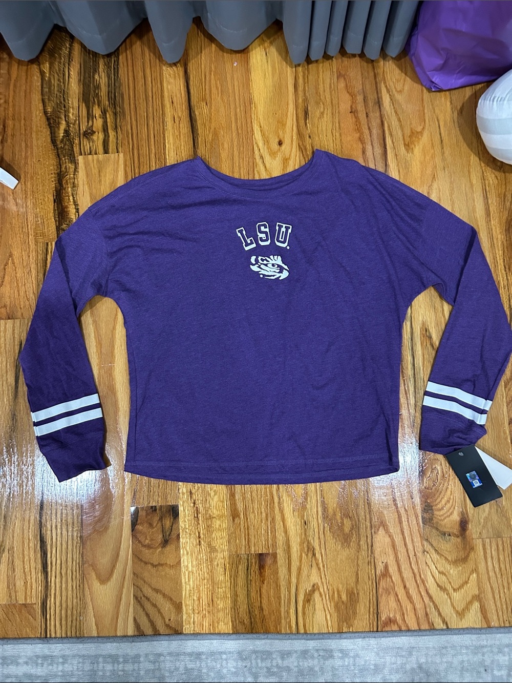 LSU Purple Long Sleeve Tee with Stripe Cuffs